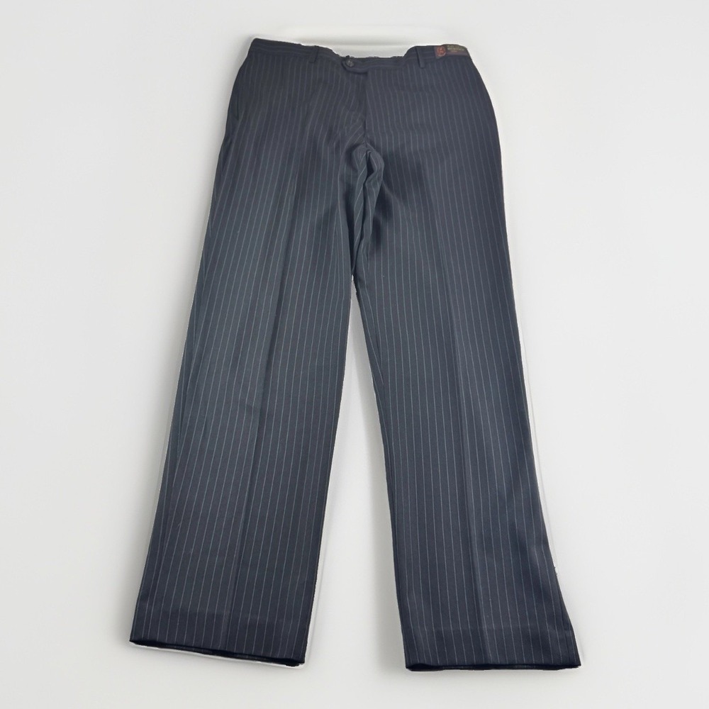 Angelo Rossi Dress Pants Mens 34x32 Black Pinstripes Striped Wedding Slacks Flat